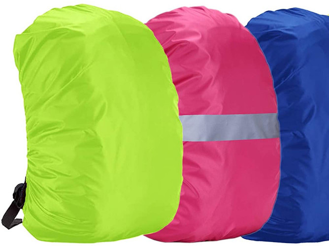 Three rucksack rain covers, one lime green, one pink with a silver band through the centre and one blue set on a white background