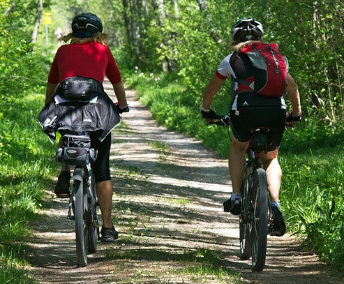 Two cyclists on a dirt trail through the woods on a sunny day enjoying their day