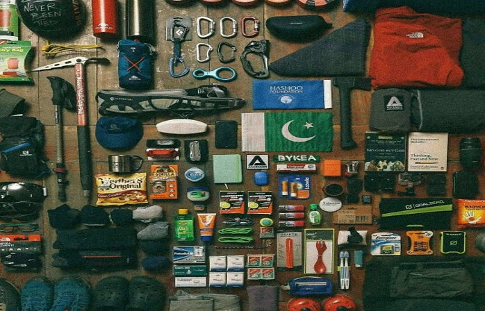 A collection of hiking equipment