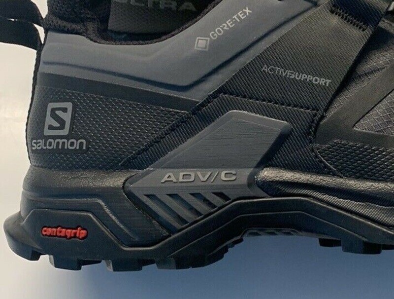 Salomon X Ultra 4 Mid-GTX Hiking Boot with the wording, Salomon, Contagrip, Gore-Tex, Active Support and ADV/C